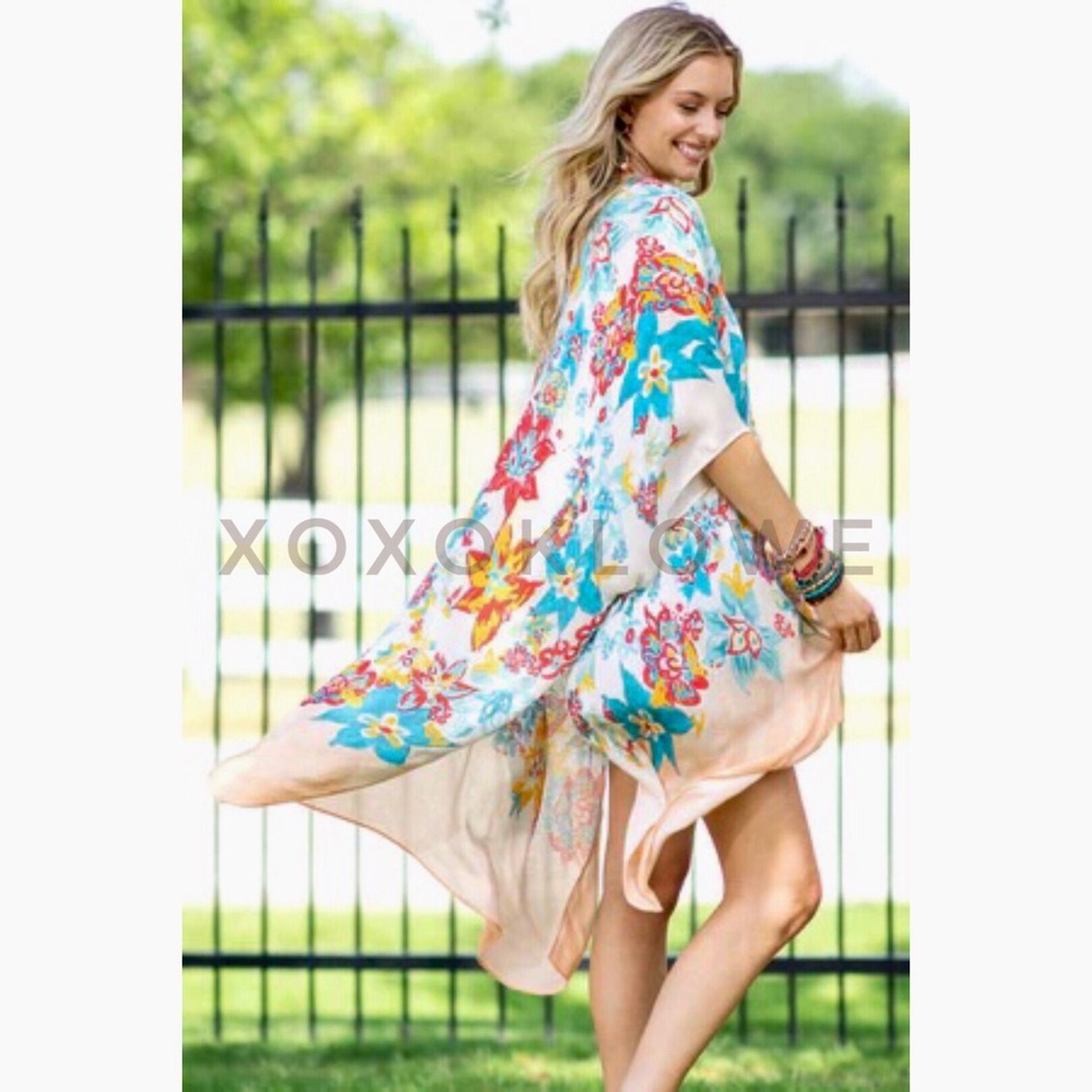 Blue Ivory Multi Floral Open Front Kimono Midi Length